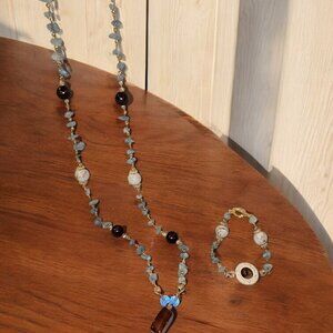 In the clouds. Dainty 2 piece sky blue polished gravel linked long necklace chai